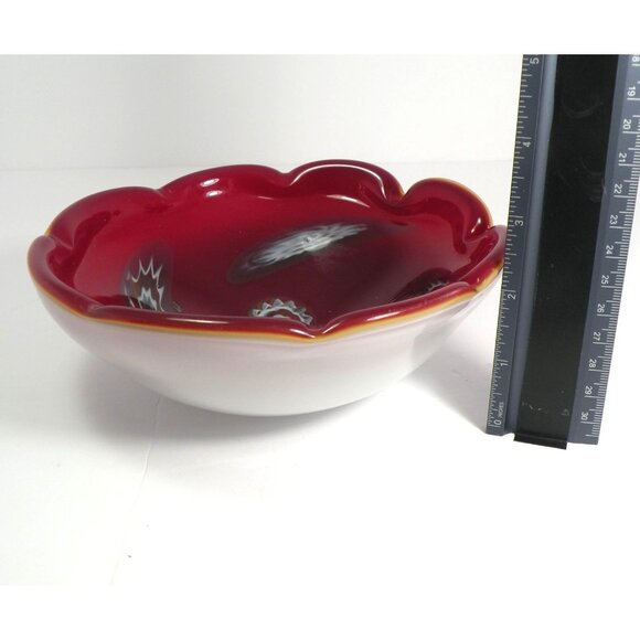 Vintage Mid Century Italian Murano Millefiori Scalloped Art Glass Bowl Red & Whi - Picture 6 of 11